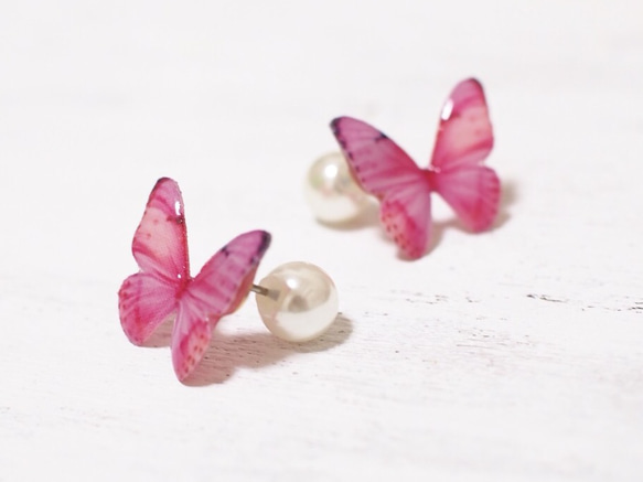 Light Pink Butterfly Earrings With Pearl2[Pierced/Clip-on] 第2張的照片