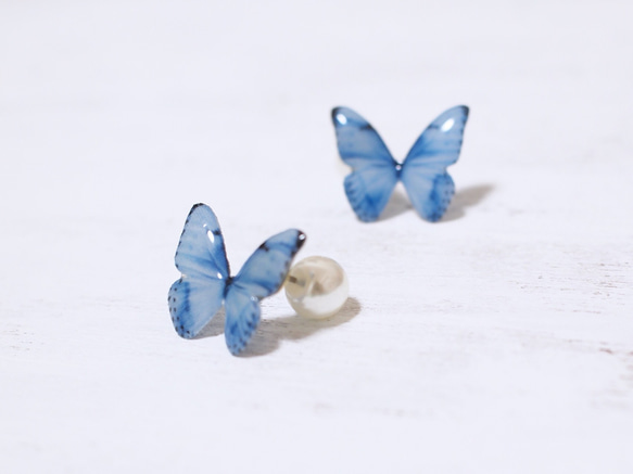 Light Blue Butterfly Earrings With Pearl2[Pierced/Clip-on] 第1張的照片