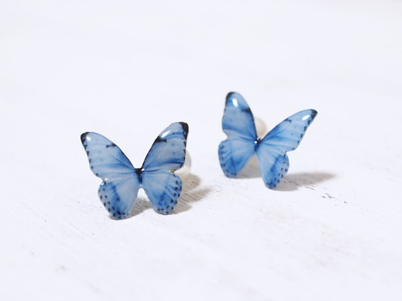 Light Blue Butterfly Earrings With Pearl2[Pierced/Clip-on] 第2張的照片