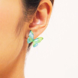 Blue Green Butterfly Earrings With Pearl2[Pierced/Clip-on] 第3張的照片