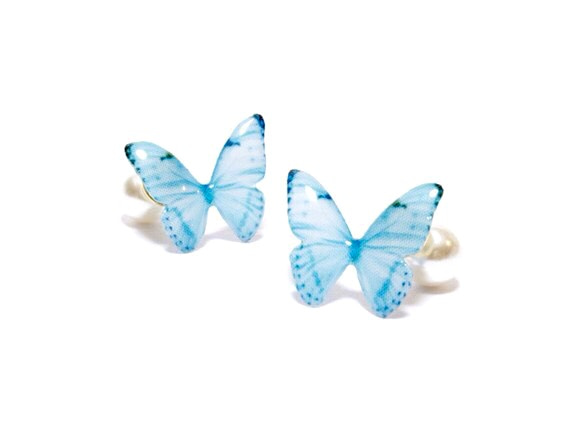 Sky Blue Butterfly Earrings With Pearl2[Pierced/Clip-on] 第1張的照片