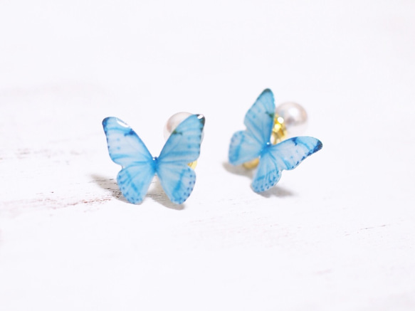 Sky Blue Butterfly Earrings With Pearl2[Pierced/Clip-on] 第4張的照片