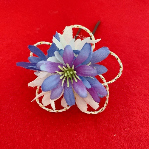 会津木綿の入った七五三髪飾り アーティフィシャルフラワー ヘア