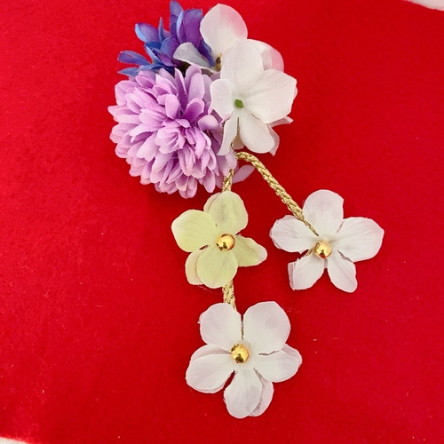 会津木綿の入った七五三髪飾り アーティフィシャルフラワー ヘア