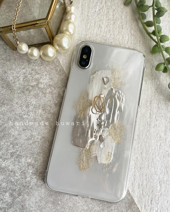✴︎ニュアンス ハンドメイド iPhoneケース ミラーシルバー×ホワイト 