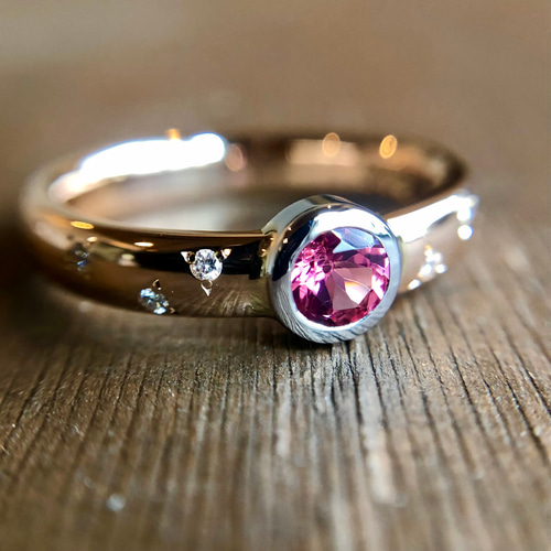 ピンクゴールドリングホットピンクスピネルプラチナK18ピンクゴールド