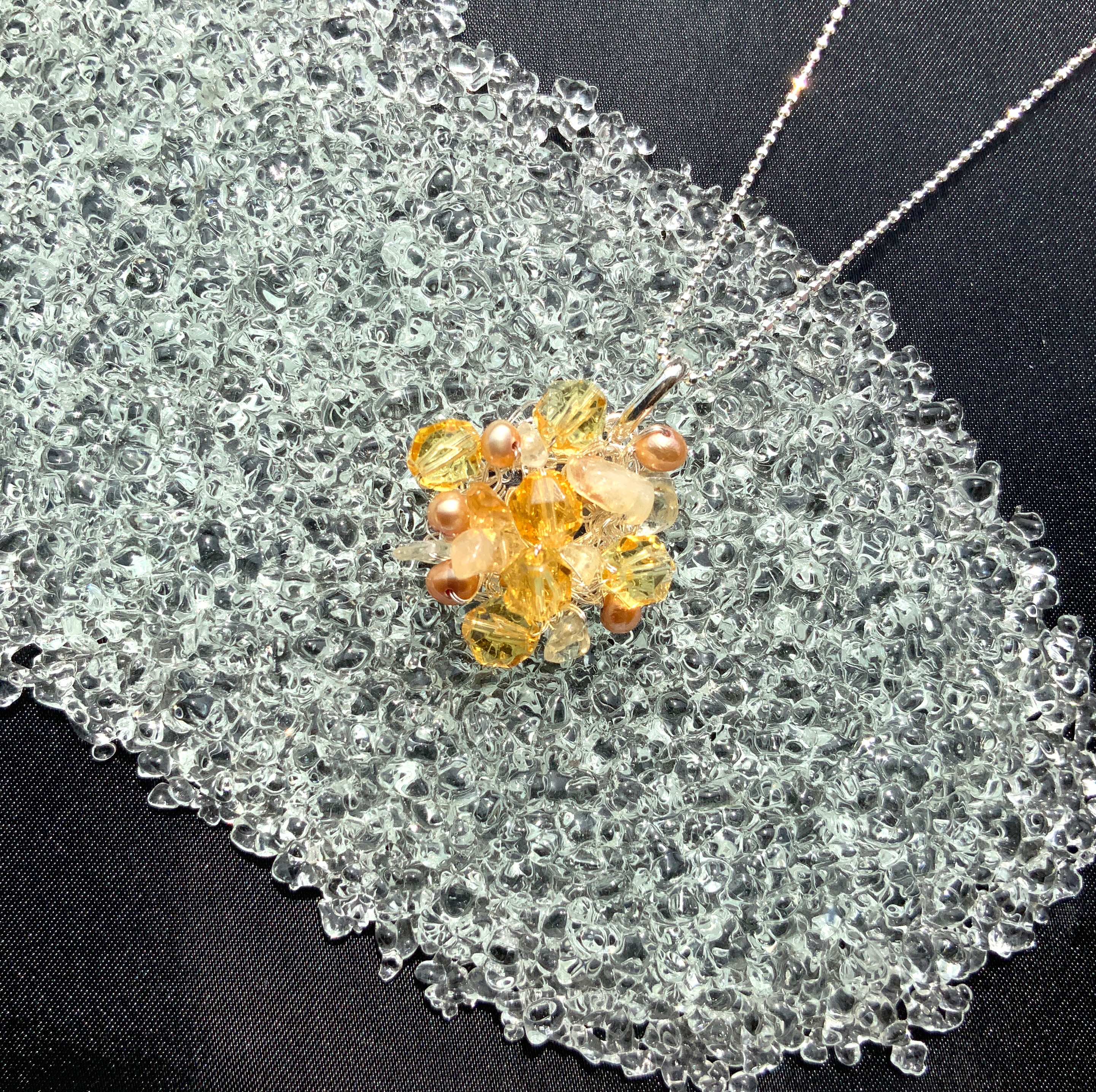 1点物 クロッシェネックレス 淡水パール 水晶 ペリドット イエロー オレンジ シルバー950 彫金 アクセサリー 10,032円