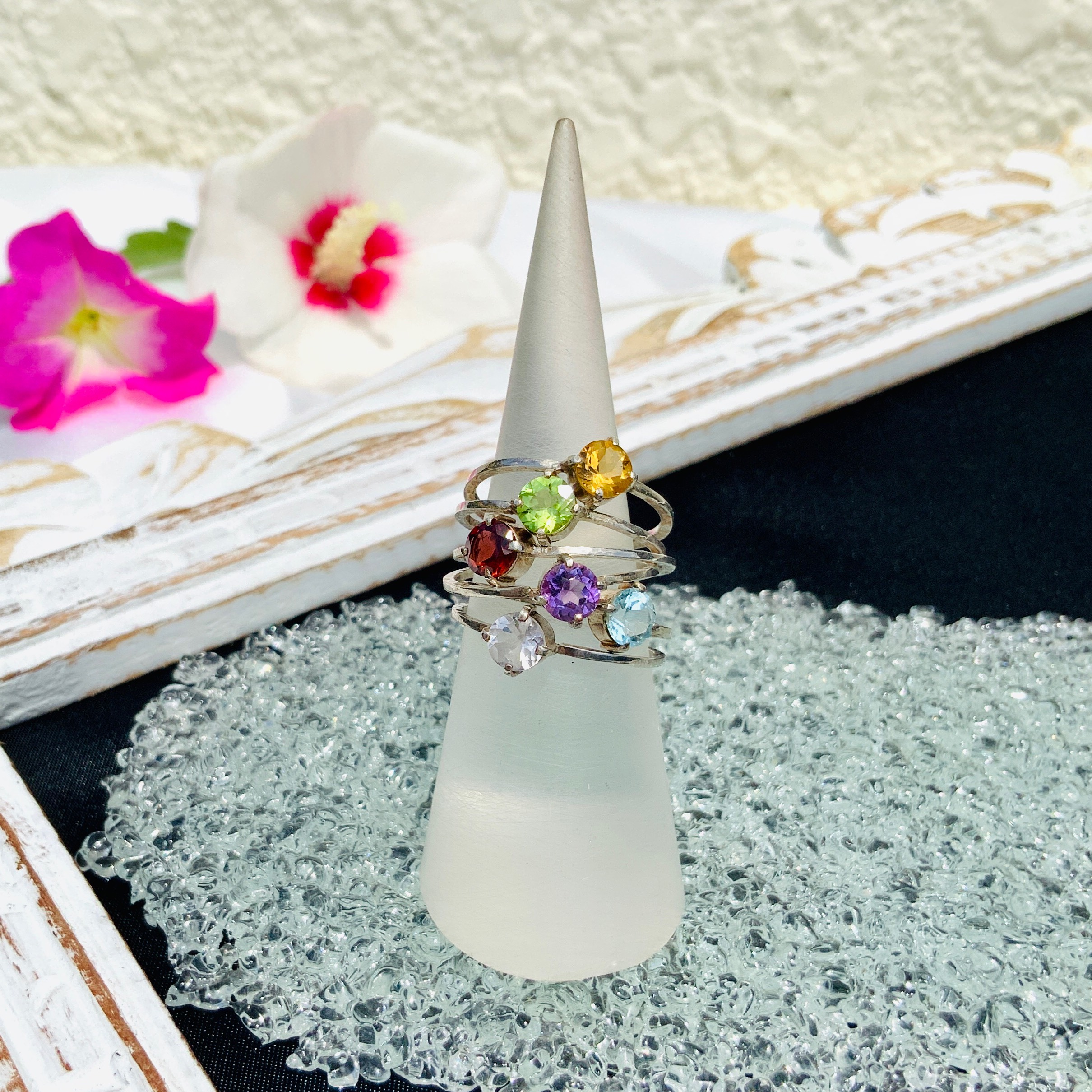 天然石ジュエリーリング シルバー950 彫金 シトリンガーネットピンククォーツピンクアメジストブルートパーズペリドット