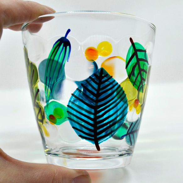 グラス　タンブラー　葉っぱ　新緑　ハンドペイント　ガラス　名入れ 3枚目の画像
