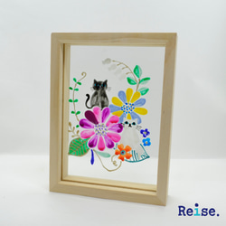 アートフレーム　白黒猫と花　ガラス　ステンドグラス　ハンドペイント　絵付け 2枚目の画像
