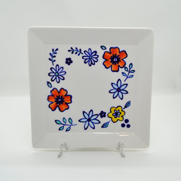 陶器　皿　ステンドグラス風　ハンドペイント　磁器　角皿　１６㎝　スクエア 2枚目の画像