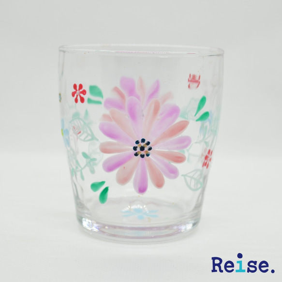 グラス　タンブラー　花　ピンク　ハンドペイント　ガラス　名入れ 1枚目の画像