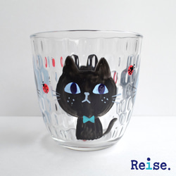 グラス　タンブラー　黒猫　灰猫　グレー　ハンドペイント  てんとう虫　ガラス　名入れ 1枚目の画像