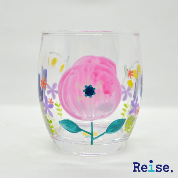 グラス　タンブラー　花畑　ピンク　ワイン　大　ハンドペイント　ガラス　名入れ 3枚目の画像
