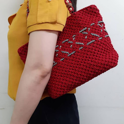 【造型織帶款】手工棉線編織包  Macrame Bag  紅色  托特包 第5張的照片
