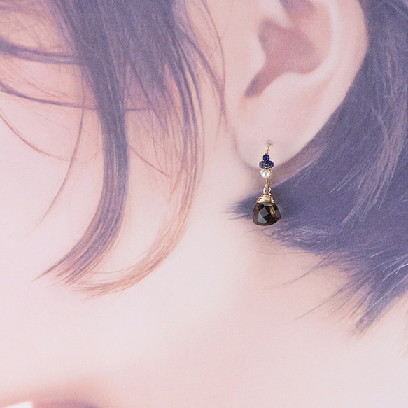 #837 煙熏石英和藍寶石裝飾鉤形耳環 14KGF 第4張的照片