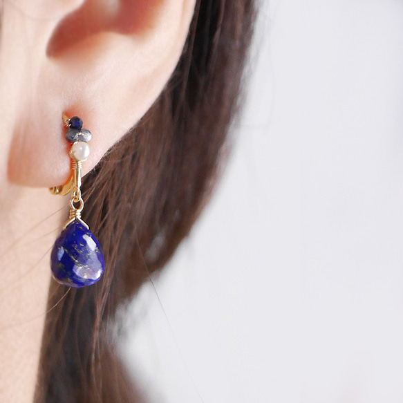 # 842 最佳切割青金石和藍寶石裝飾鉤耳環 14KGF 第5張的照片