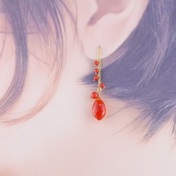 #851 正品珊瑚紅珊瑚和紅玉髓鍊式耳環 14kGF 第5張的照片