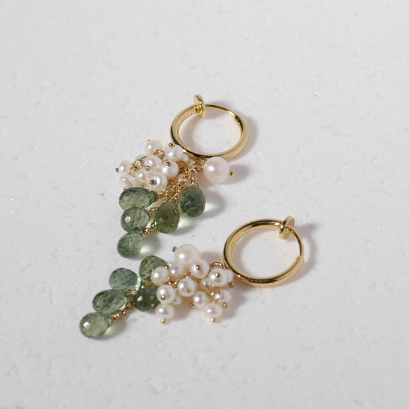 #875 14KGF 綠色磷灰石和珍珠耳環 第7張的照片