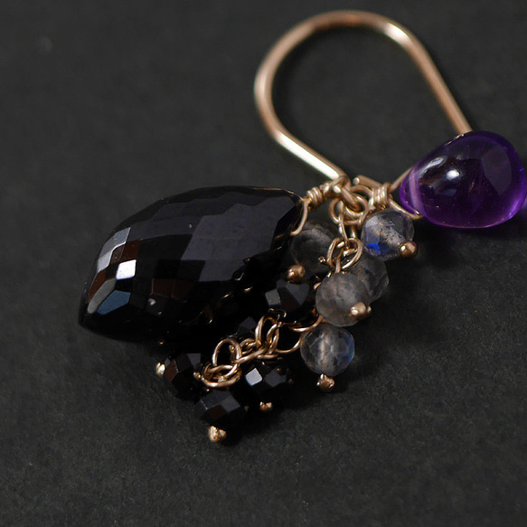 #876 14KGF 最佳切割黑色尖晶石和紫水晶耳環 第5張的照片