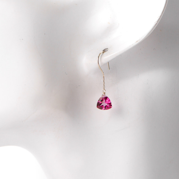 # 897C_PK K10 最好的粉色托帕石 Trilliant Cut Single 耳環 第3張的照片
