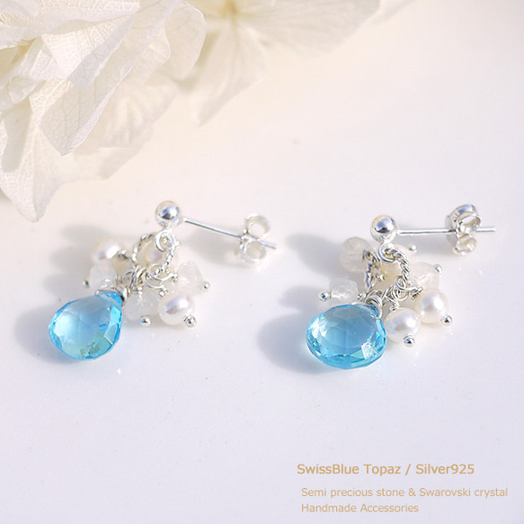 ＃053★寶石品質的瑞士藍色托帕石和白色為主的天然石材★Silver925耳環 第2張的照片
