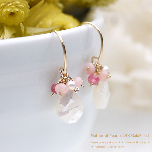 ＃072★母珍珠和粉紅寶石耳環14kgf 第2張的照片