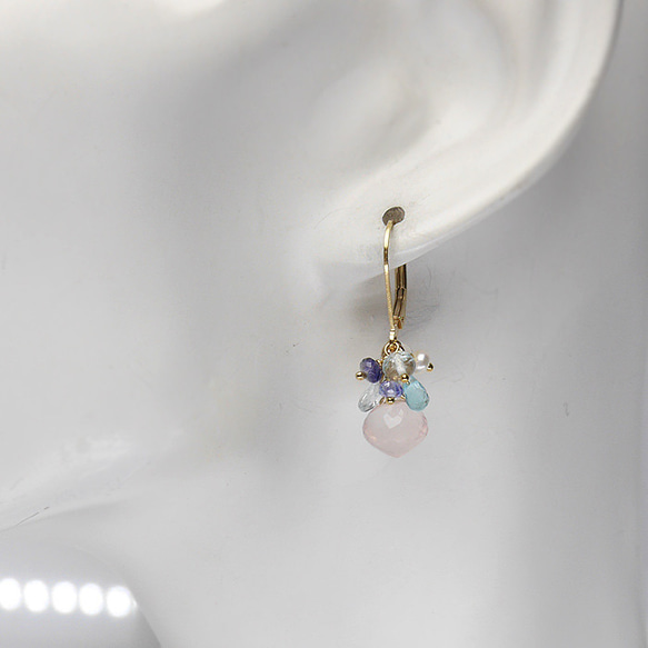 ＃519★微型切割★玫瑰石英和藍色天然石花束耳環 第5張的照片