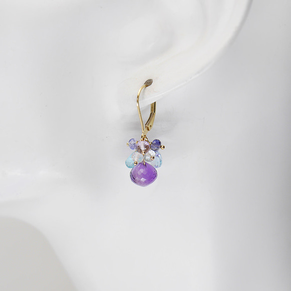 ＃524★微切★紫水晶和繡球花天然石花束耳環 第5張的照片