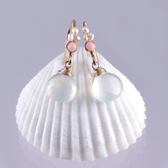 #786 ★ 最佳切割海藍玉髓和粉紅珊瑚裝飾鉤形耳環 第1張的照片