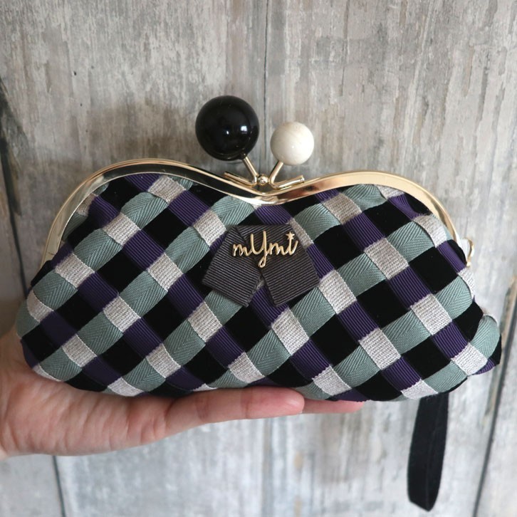 オリジナルリボン織　ギンガムパターン メガネポーチ　ブラック