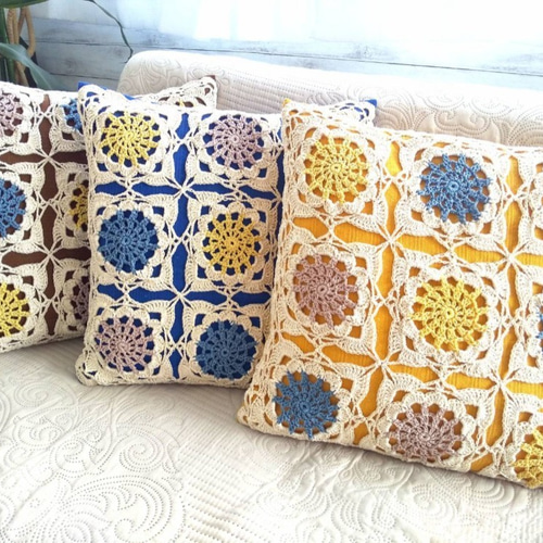 レース編み・三色モチーフクッションカバー(ココアブラウン