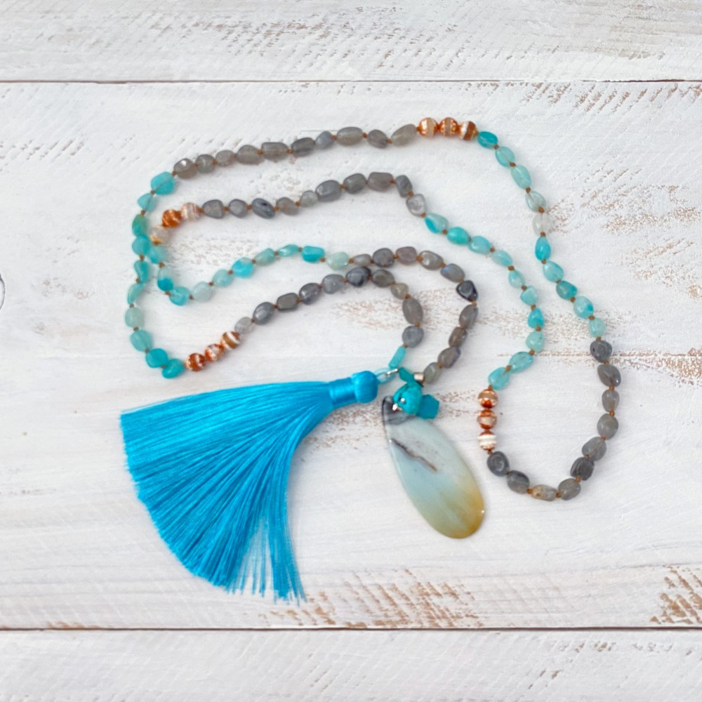 海と夕日のアマゾナイト　虹色ラブラドライト　　ロングネックレス　ターコイズブルー