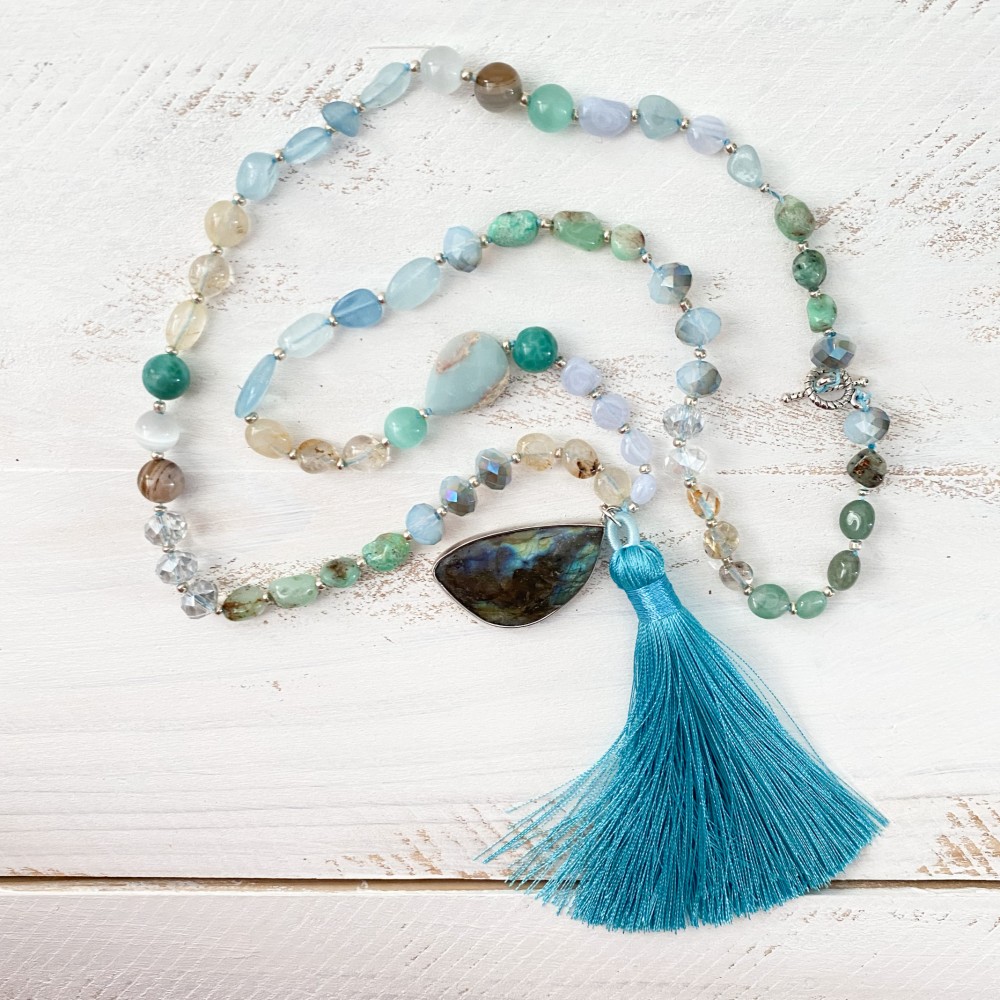 ラブラドライト　アクアマリン　ルチルクォーツ　ロングネックレス　ターコイズブルー
