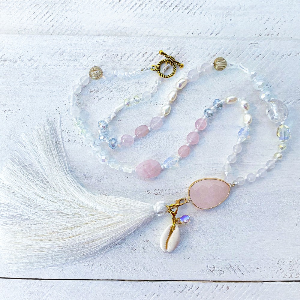 桜色貝　２WAY　ロングネックレス　ローズクォーツ　ホワイトネックレス　乳白色