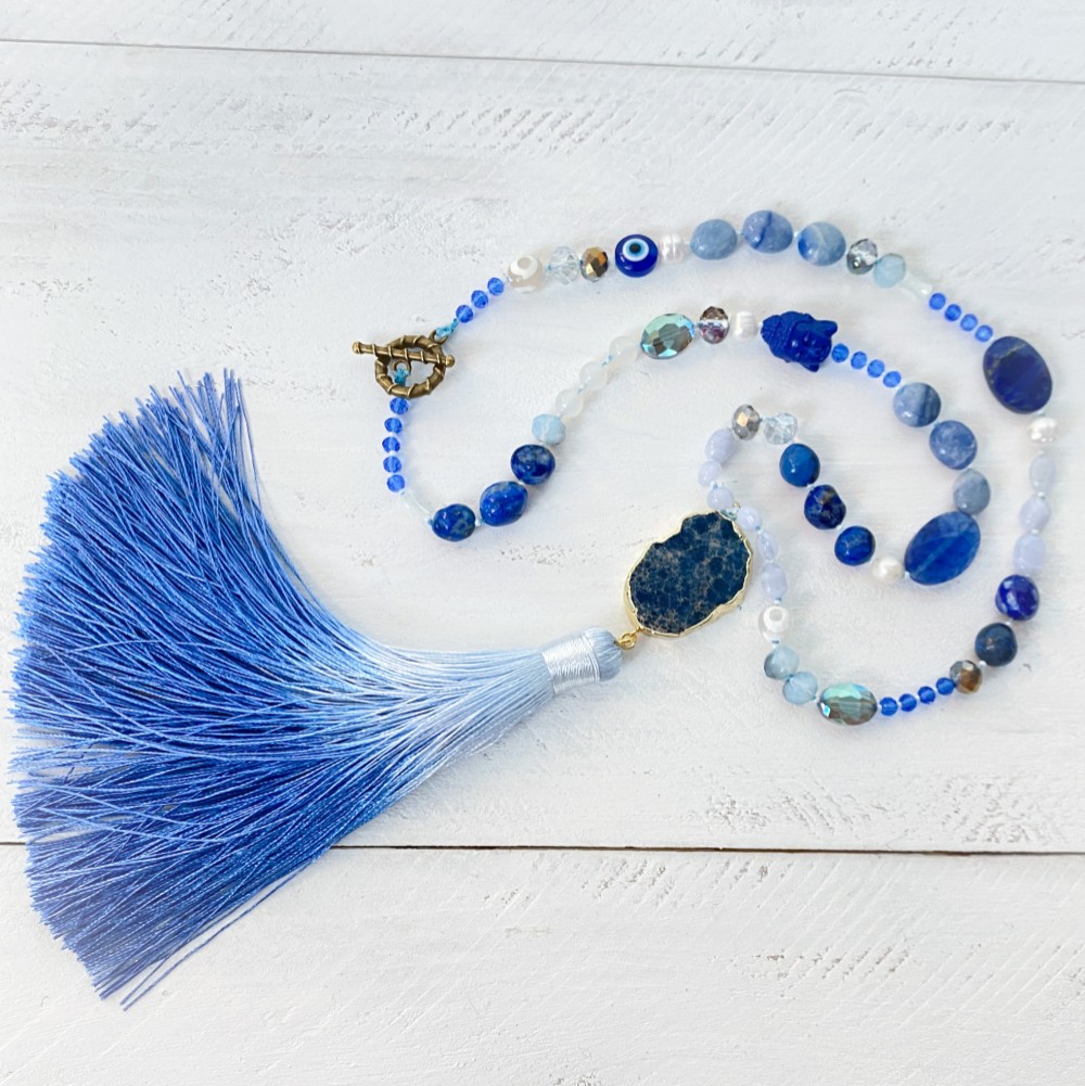 夏の海　ラピスラズリ　タッセルロングネックレス　真珠