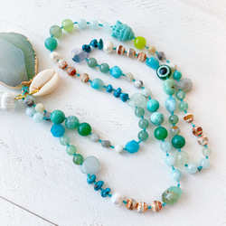 海と大地のロングネックレス　緑の瑪瑙　貝　真珠　ターコイズ 4枚目の画像