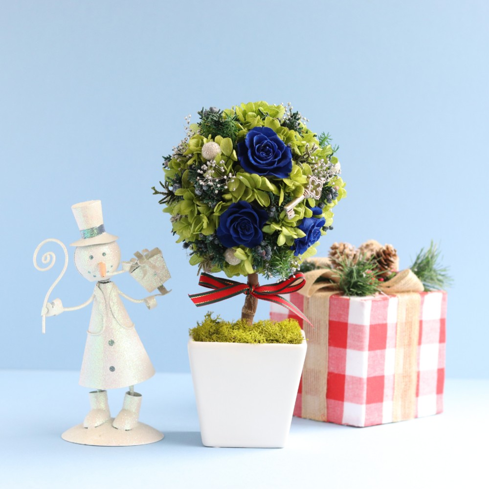 【ギフトラッピング・メッセージカード付き】プリザーブドフラワー アレンジメント 専門店 トピアリークリスマス 青いバラ