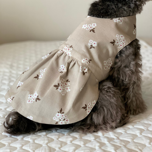 着せやすい犬服】花柄ワンピース ベージュ×ブラウン ペット服