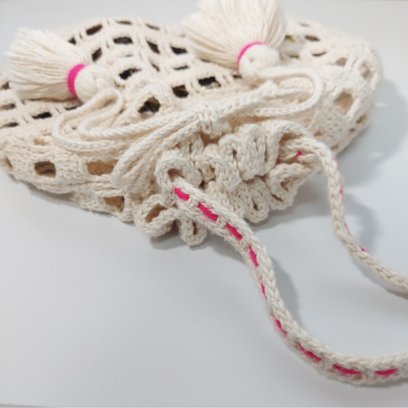 【 GROTTO 】ピンク  ／  ネットバッグ,ワンショルダー,コットン編み,夏アイテム 4枚目の画像