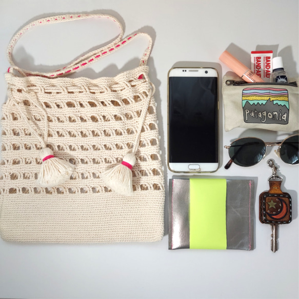 【 GROTTO 】ピンク  ／  ネットバッグ,ワンショルダー,コットン編み,夏アイテム 5枚目の画像