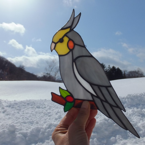 オカベマキコさん　サンキャッチャー２点 受注制作】ステンドグラス オカメインコ サンキャッチャー 【鳥