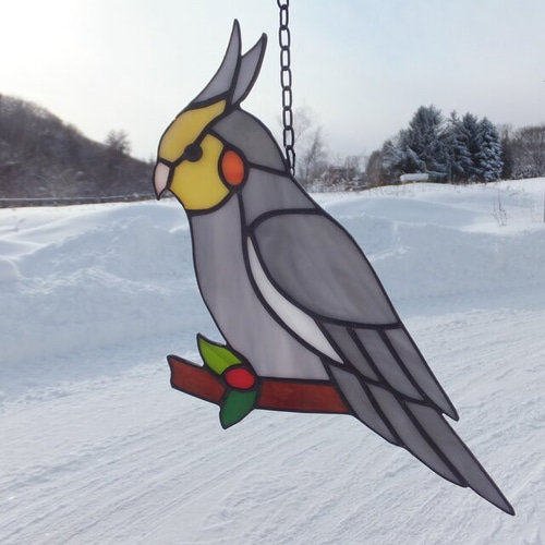 受注制作】ステンドグラス オカメインコ サンキャッチャー 【鳥 小鳥  