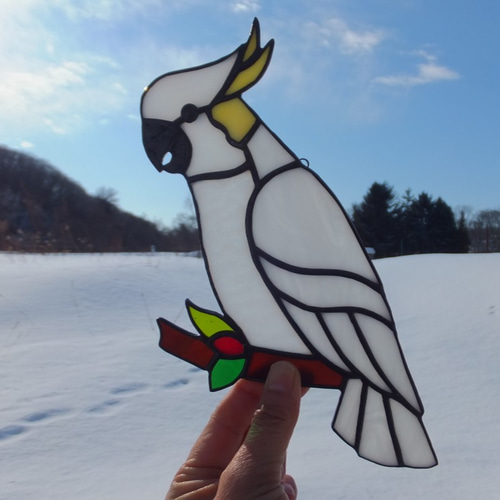 受注制作】ステンドグラス 白色オウム サンキャッチャー 匿名配送【鳥