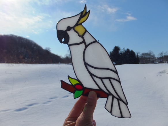 受注制作】ステンドグラス 白色オウム サンキャッチャー 匿名配送【鳥