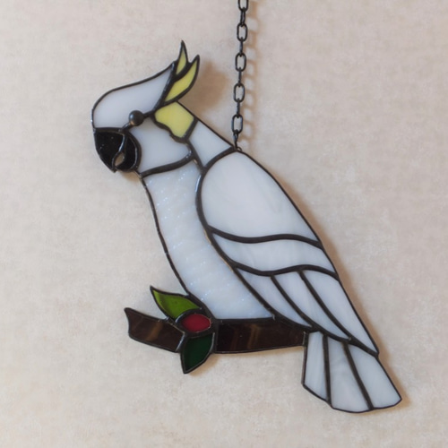 受注制作】ステンドグラス 白色オウム サンキャッチャー 匿名配送【鳥