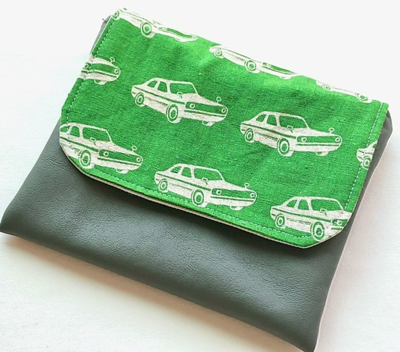 coolなmini car柄（green)の移動ポケット(本体グレー） 1枚目の画像
