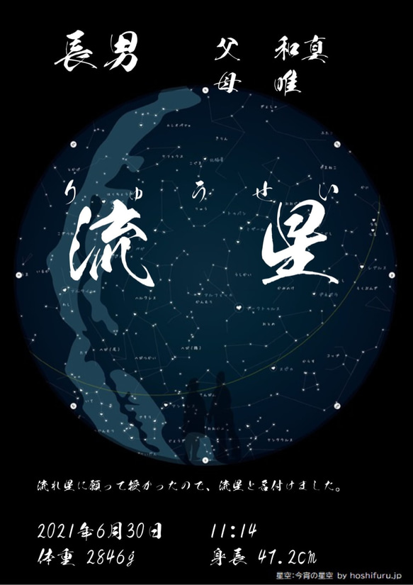 【星空】産まれた日の星空に乗せた命名書 2枚目の画像