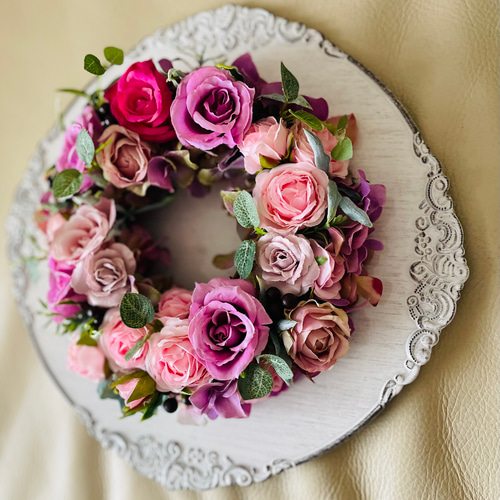 受注制作 ミニバラの大人可愛いリース、ドアリース、玄関リース  