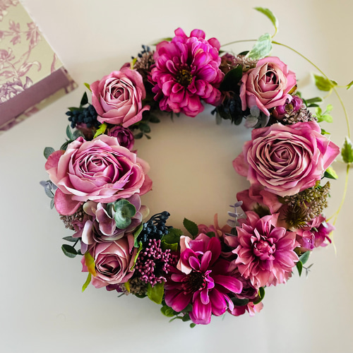 大輪バラのリース 玄関リース ドアリース ピンク薔薇リース アーティ  